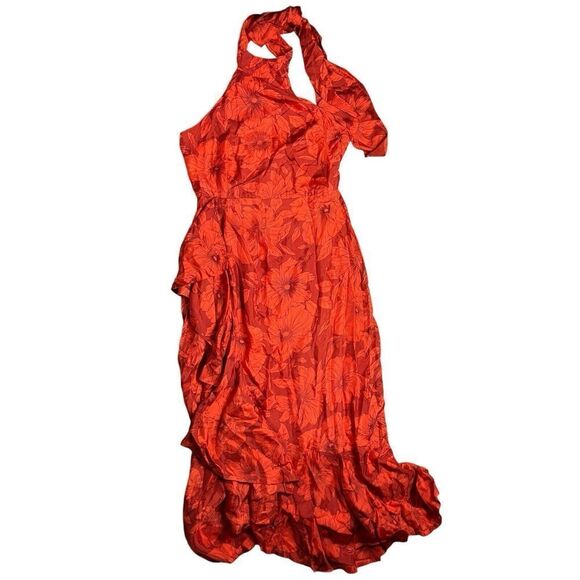 J Crew‎ Collection Dress WMNS 8 Red Floral Cupro Blend Halter Ruffle Open Back - Picture 2 of 13
